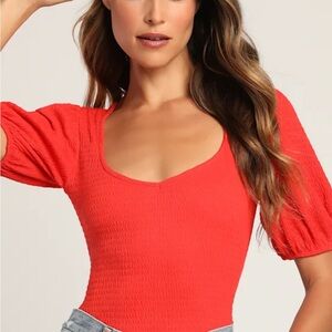 Lulu's My Direction Red Smocked Puff Sleeve Bodysuit Size M